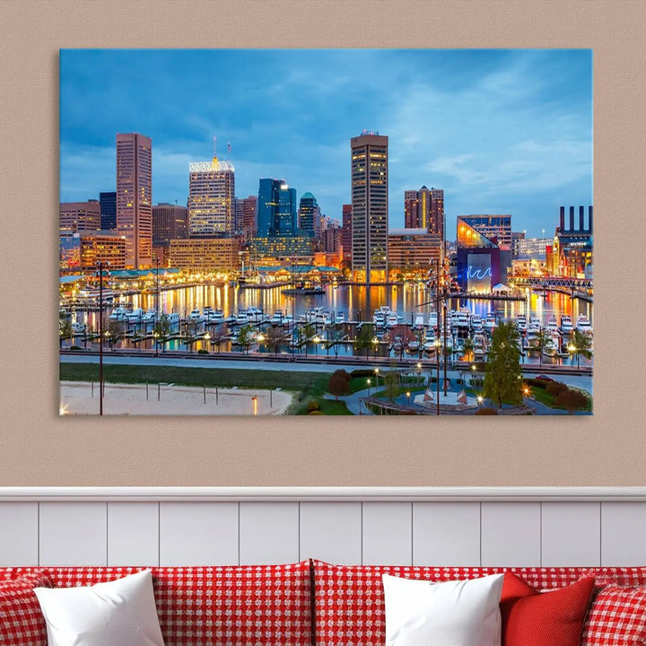 The wall is adorned with the "Baltimore City Lights Night Blue Cloudy Skyline Cityscape View Wall Art Canvas Print," crafted on museum-quality canvas with a UV-protective coating for lasting brilliance.