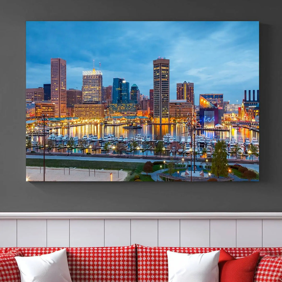 The wall is adorned with the "Baltimore City Lights Night Blue Cloudy Skyline Cityscape View Wall Art Canvas Print," crafted on museum-quality canvas with a UV-protective coating for lasting brilliance.