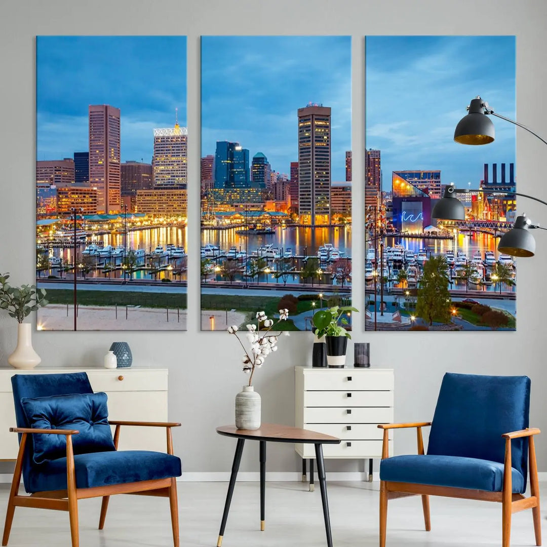 The wall is adorned with the "Baltimore City Lights Night Blue Cloudy Skyline Cityscape View Wall Art Canvas Print," crafted on museum-quality canvas with a UV-protective coating for lasting brilliance.