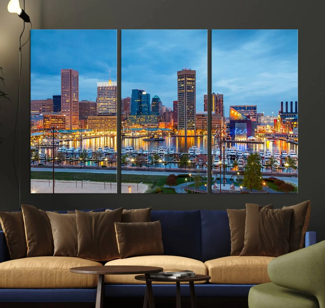 The wall is adorned with the "Baltimore City Lights Night Blue Cloudy Skyline Cityscape View Wall Art Canvas Print," crafted on museum-quality canvas with a UV-protective coating for lasting brilliance.