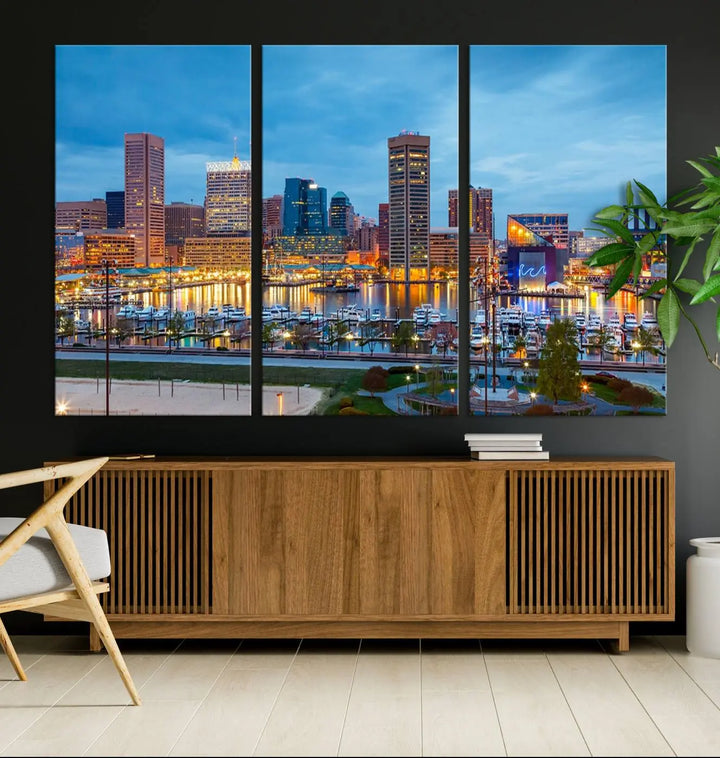 The wall is adorned with the "Baltimore City Lights Night Blue Cloudy Skyline Cityscape View Wall Art Canvas Print," crafted on museum-quality canvas with a UV-protective coating for lasting brilliance.