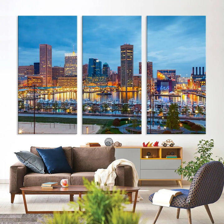 The wall is adorned with the "Baltimore City Lights Night Blue Cloudy Skyline Cityscape View Wall Art Canvas Print," crafted on museum-quality canvas with a UV-protective coating for lasting brilliance.