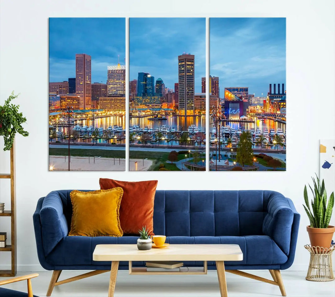 The wall is adorned with the "Baltimore City Lights Night Blue Cloudy Skyline Cityscape View Wall Art Canvas Print," crafted on museum-quality canvas with a UV-protective coating for lasting brilliance.