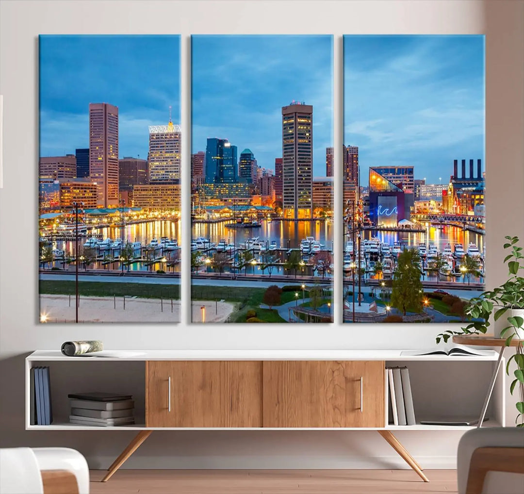 The wall is adorned with the "Baltimore City Lights Night Blue Cloudy Skyline Cityscape View Wall Art Canvas Print," crafted on museum-quality canvas with a UV-protective coating for lasting brilliance.