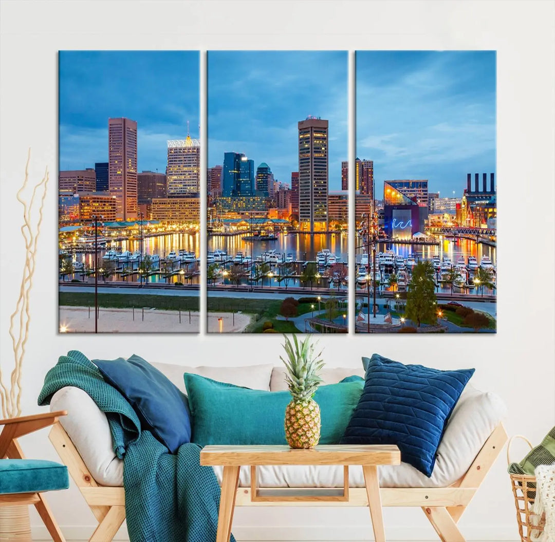 The wall is adorned with the "Baltimore City Lights Night Blue Cloudy Skyline Cityscape View Wall Art Canvas Print," crafted on museum-quality canvas with a UV-protective coating for lasting brilliance.