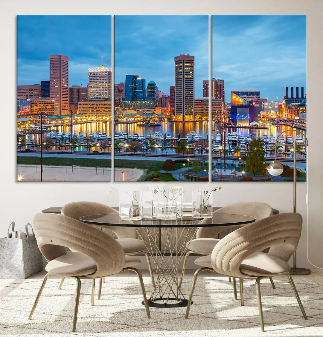 The wall is adorned with the "Baltimore City Lights Night Blue Cloudy Skyline Cityscape View Wall Art Canvas Print," crafted on museum-quality canvas with a UV-protective coating for lasting brilliance.