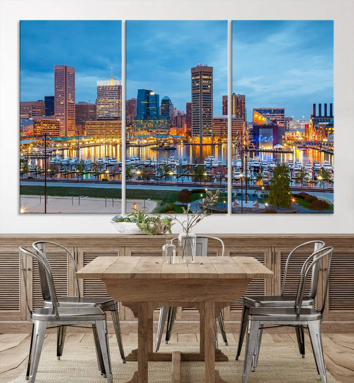 The wall is adorned with the "Baltimore City Lights Night Blue Cloudy Skyline Cityscape View Wall Art Canvas Print," crafted on museum-quality canvas with a UV-protective coating for lasting brilliance.