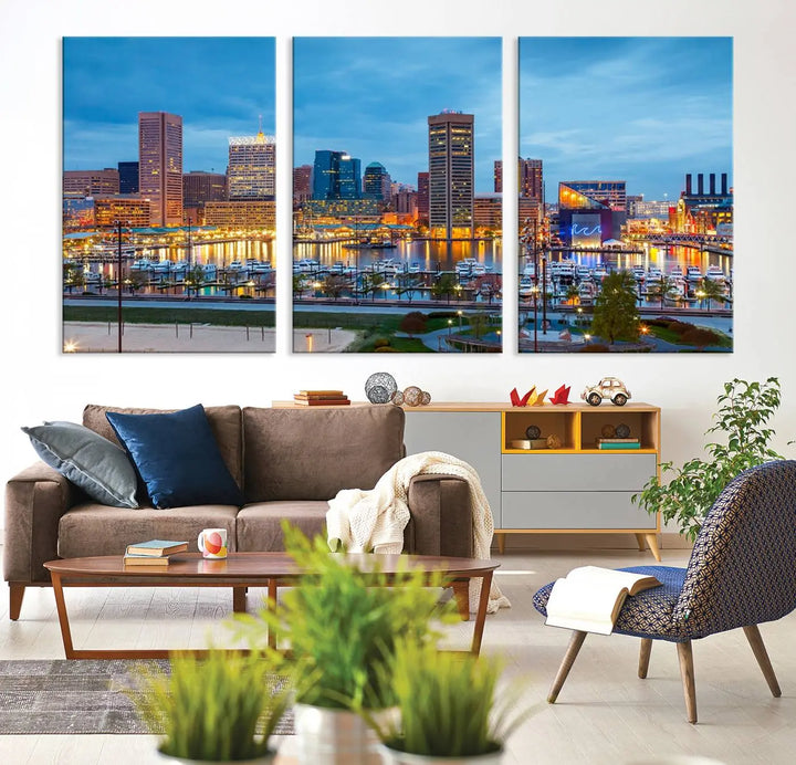 The wall is adorned with the "Baltimore City Lights Night Blue Cloudy Skyline Cityscape View Wall Art Canvas Print," crafted on museum-quality canvas with a UV-protective coating for lasting brilliance.