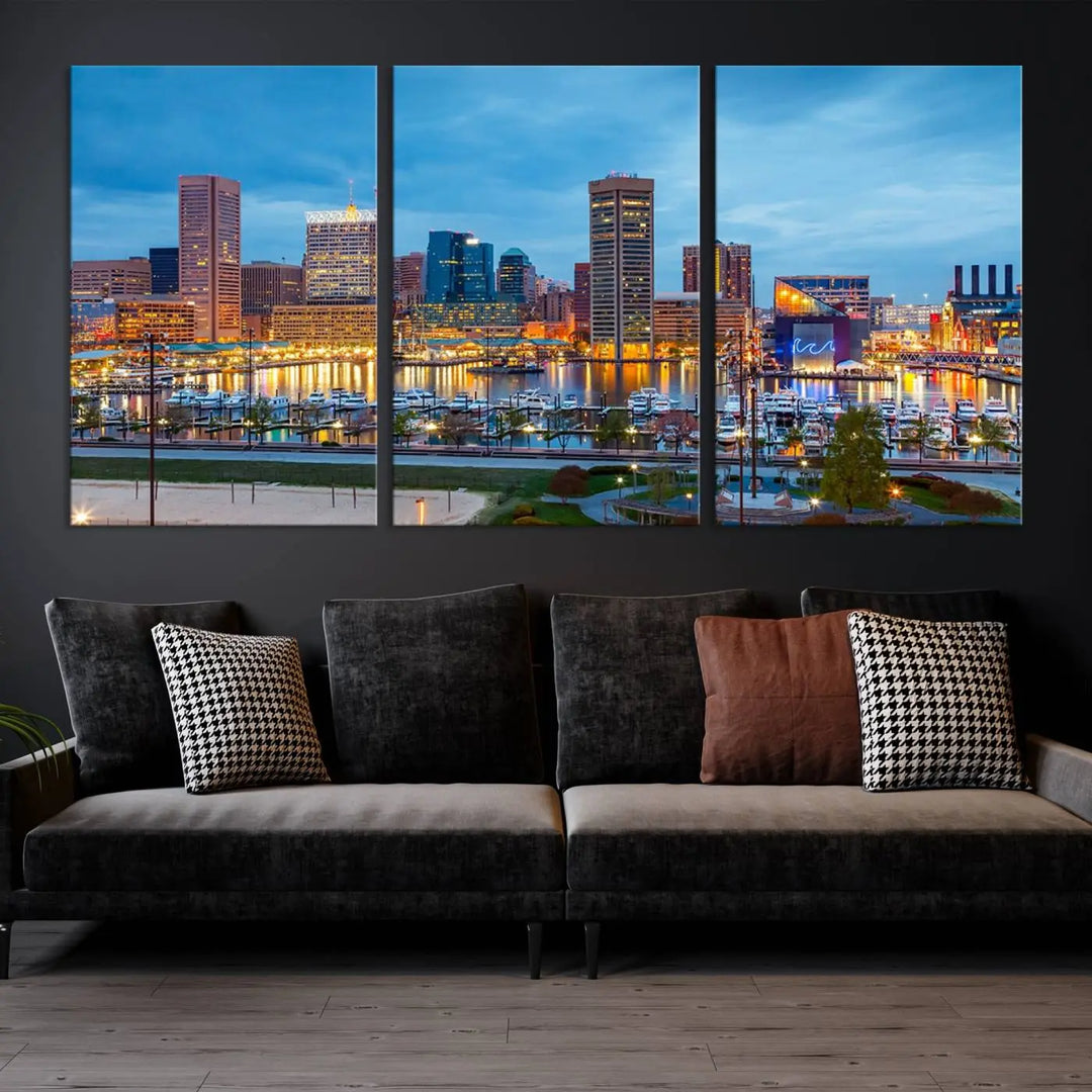 The wall is adorned with the "Baltimore City Lights Night Blue Cloudy Skyline Cityscape View Wall Art Canvas Print," crafted on museum-quality canvas with a UV-protective coating for lasting brilliance.