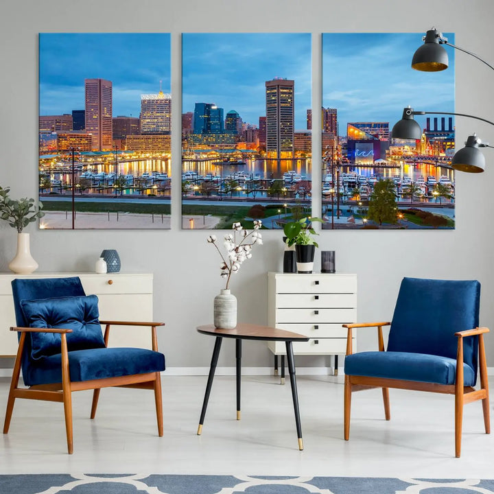 The wall is adorned with the "Baltimore City Lights Night Blue Cloudy Skyline Cityscape View Wall Art Canvas Print," crafted on museum-quality canvas with a UV-protective coating for lasting brilliance.