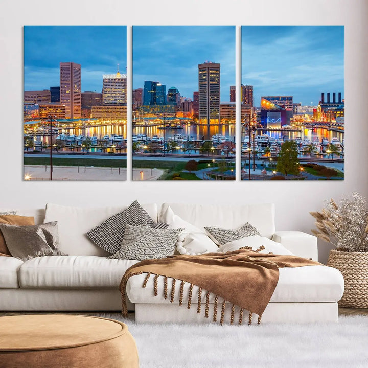 The wall is adorned with the "Baltimore City Lights Night Blue Cloudy Skyline Cityscape View Wall Art Canvas Print," crafted on museum-quality canvas with a UV-protective coating for lasting brilliance.