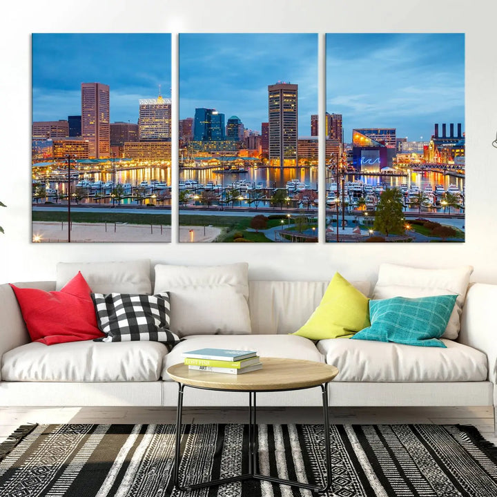 The wall is adorned with the "Baltimore City Lights Night Blue Cloudy Skyline Cityscape View Wall Art Canvas Print," crafted on museum-quality canvas with a UV-protective coating for lasting brilliance.