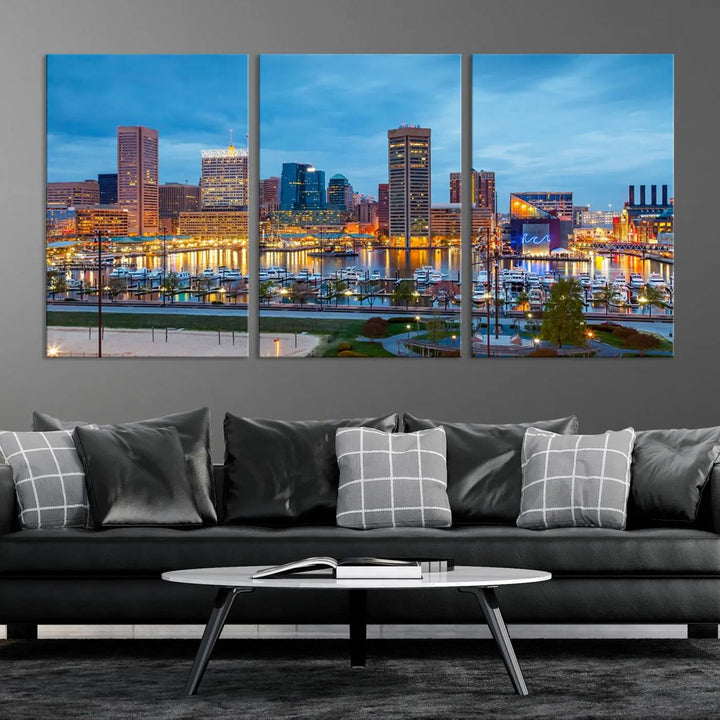 The wall is adorned with the "Baltimore City Lights Night Blue Cloudy Skyline Cityscape View Wall Art Canvas Print," crafted on museum-quality canvas with a UV-protective coating for lasting brilliance.