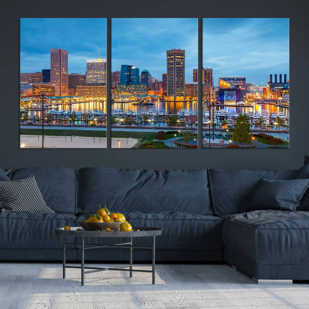 The wall is adorned with the "Baltimore City Lights Night Blue Cloudy Skyline Cityscape View Wall Art Canvas Print," crafted on museum-quality canvas with a UV-protective coating for lasting brilliance.