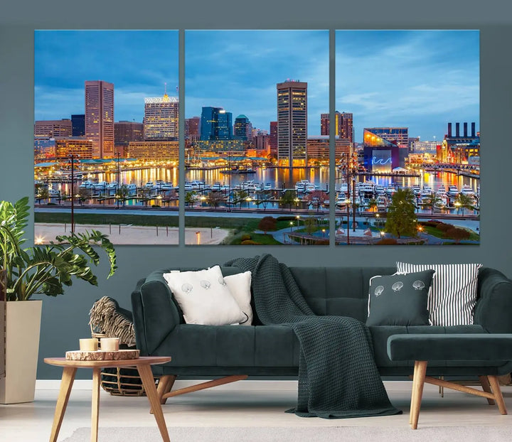 The wall is adorned with the "Baltimore City Lights Night Blue Cloudy Skyline Cityscape View Wall Art Canvas Print," crafted on museum-quality canvas with a UV-protective coating for lasting brilliance.