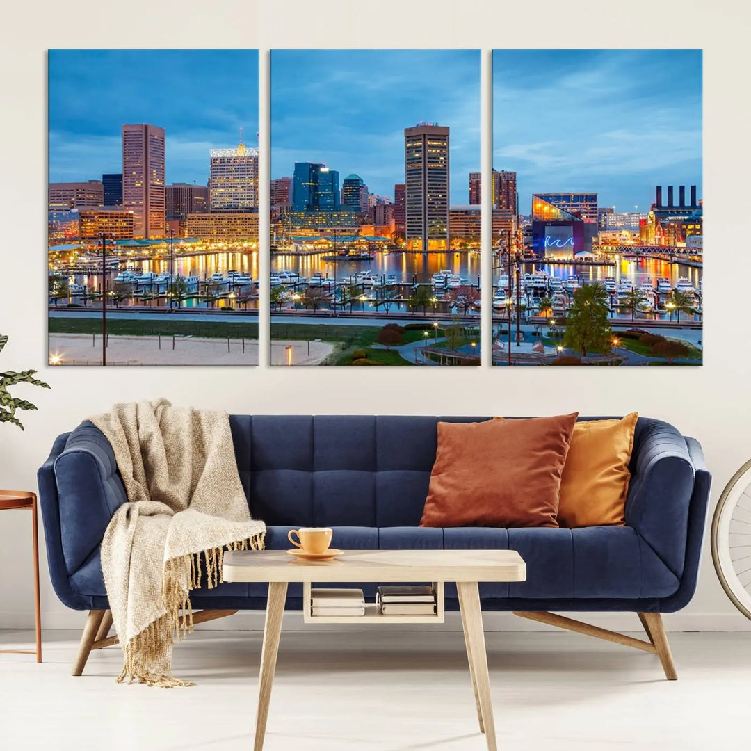 The wall is adorned with the "Baltimore City Lights Night Blue Cloudy Skyline Cityscape View Wall Art Canvas Print," crafted on museum-quality canvas with a UV-protective coating for lasting brilliance.