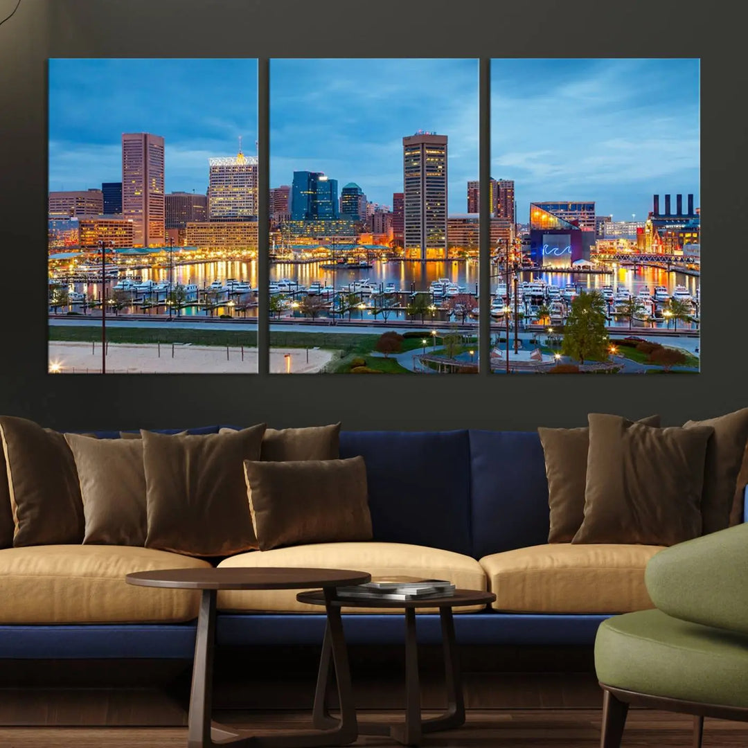 The wall is adorned with the "Baltimore City Lights Night Blue Cloudy Skyline Cityscape View Wall Art Canvas Print," crafted on museum-quality canvas with a UV-protective coating for lasting brilliance.