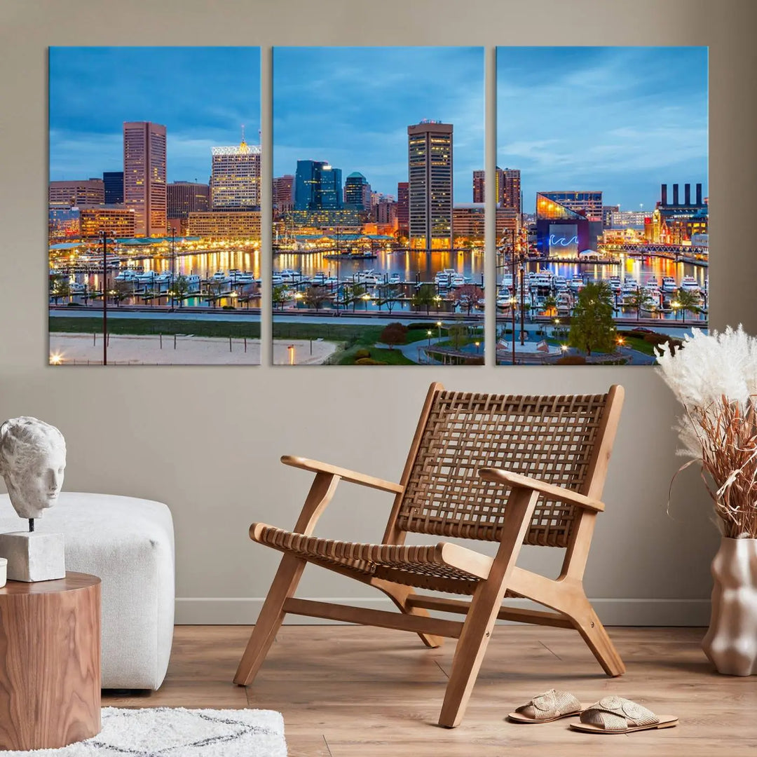 The wall is adorned with the "Baltimore City Lights Night Blue Cloudy Skyline Cityscape View Wall Art Canvas Print," crafted on museum-quality canvas with a UV-protective coating for lasting brilliance.