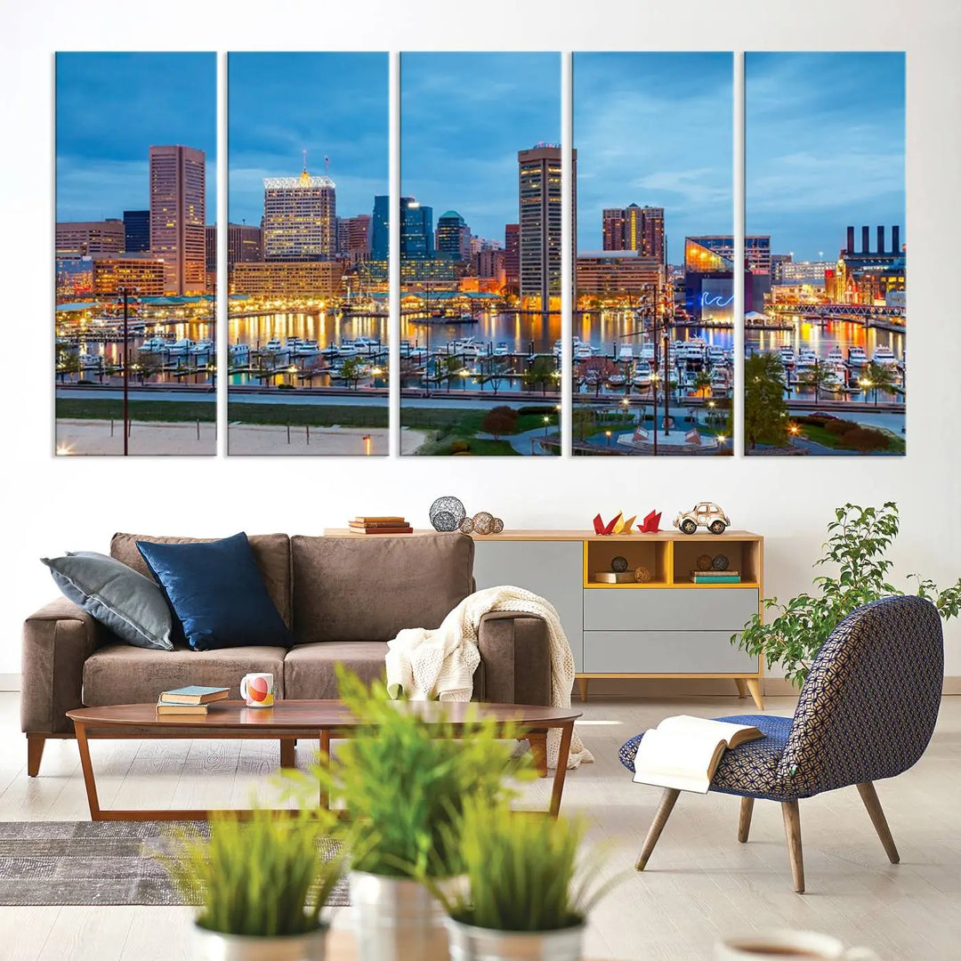 The wall is adorned with the "Baltimore City Lights Night Blue Cloudy Skyline Cityscape View Wall Art Canvas Print," crafted on museum-quality canvas with a UV-protective coating for lasting brilliance.