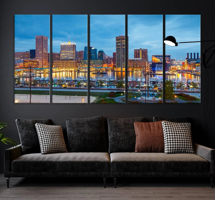 The wall is adorned with the "Baltimore City Lights Night Blue Cloudy Skyline Cityscape View Wall Art Canvas Print," crafted on museum-quality canvas with a UV-protective coating for lasting brilliance.