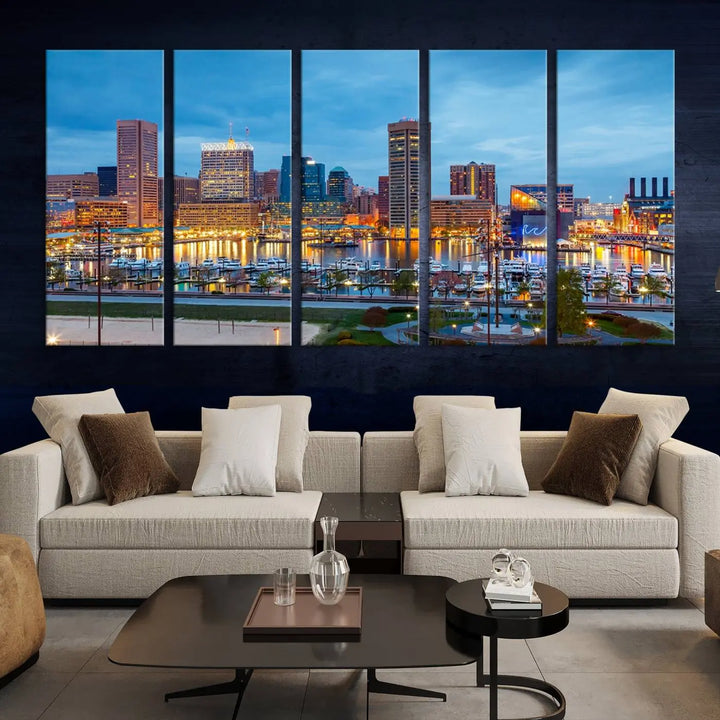 The wall is adorned with the "Baltimore City Lights Night Blue Cloudy Skyline Cityscape View Wall Art Canvas Print," crafted on museum-quality canvas with a UV-protective coating for lasting brilliance.