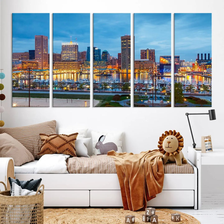 The wall is adorned with the "Baltimore City Lights Night Blue Cloudy Skyline Cityscape View Wall Art Canvas Print," crafted on museum-quality canvas with a UV-protective coating for lasting brilliance.