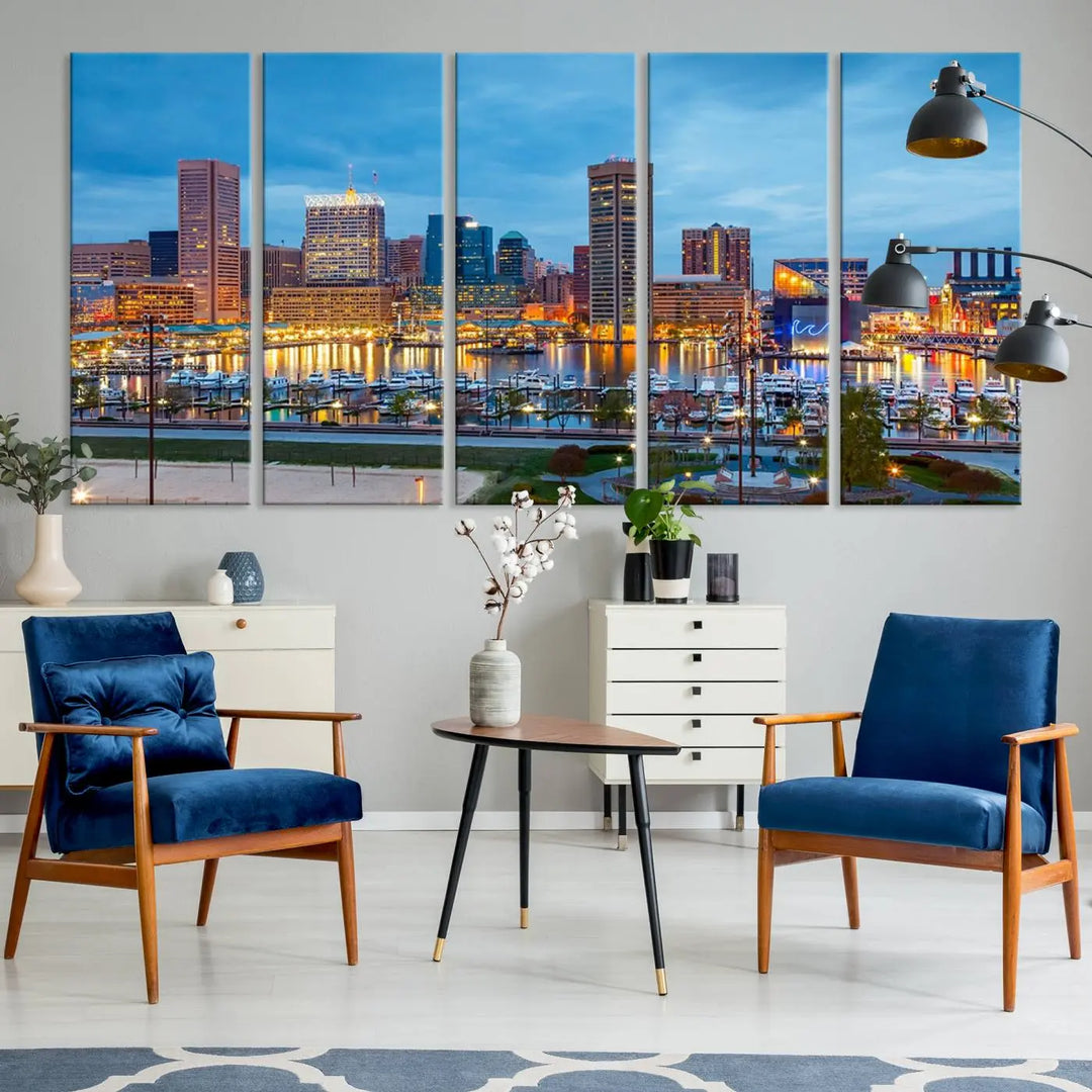 The wall is adorned with the "Baltimore City Lights Night Blue Cloudy Skyline Cityscape View Wall Art Canvas Print," crafted on museum-quality canvas with a UV-protective coating for lasting brilliance.