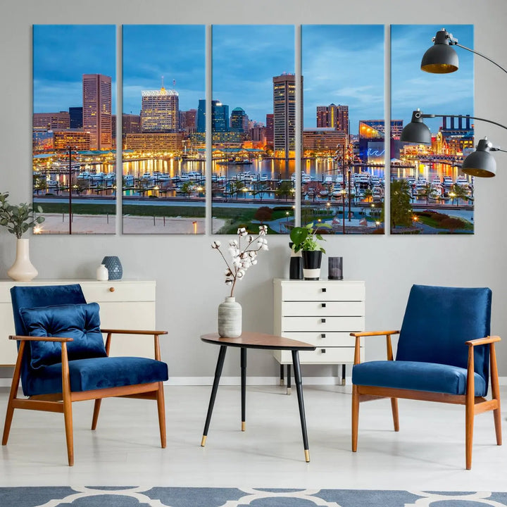 The wall is adorned with the "Baltimore City Lights Night Blue Cloudy Skyline Cityscape View Wall Art Canvas Print," crafted on museum-quality canvas with a UV-protective coating for lasting brilliance.