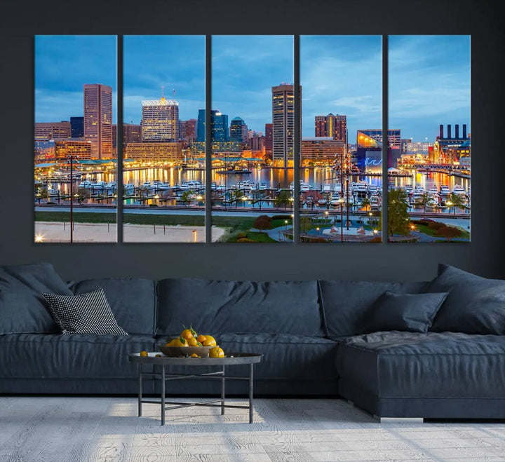 The wall is adorned with the "Baltimore City Lights Night Blue Cloudy Skyline Cityscape View Wall Art Canvas Print," crafted on museum-quality canvas with a UV-protective coating for lasting brilliance.