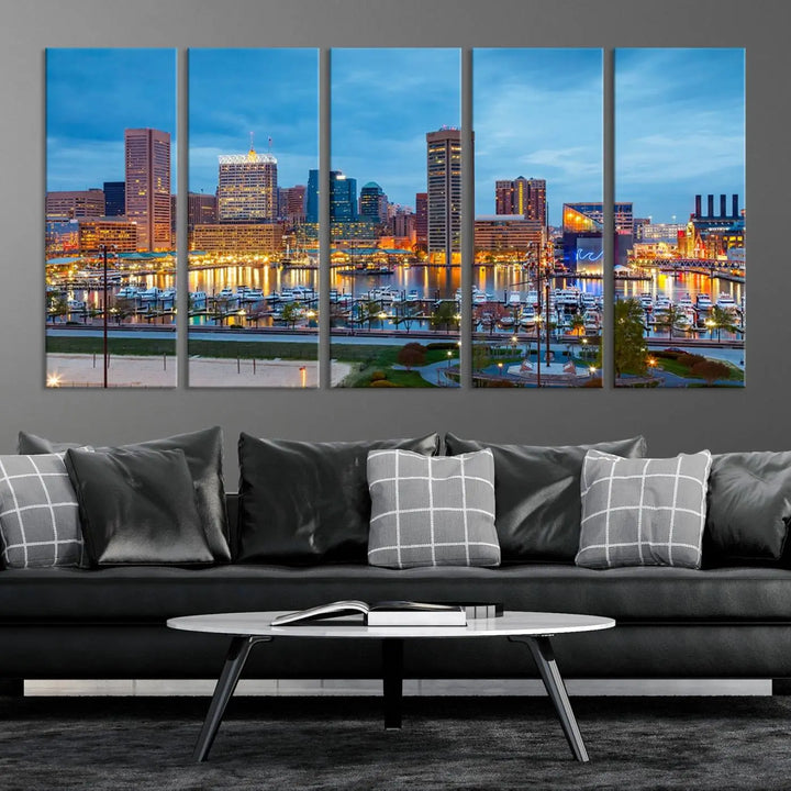 The wall is adorned with the "Baltimore City Lights Night Blue Cloudy Skyline Cityscape View Wall Art Canvas Print," crafted on museum-quality canvas with a UV-protective coating for lasting brilliance.