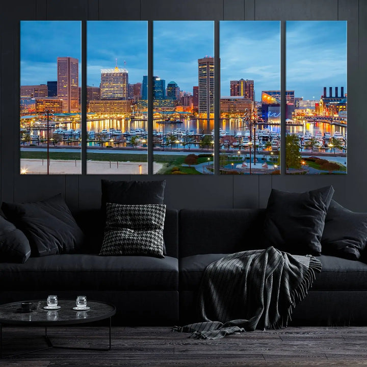 The wall is adorned with the "Baltimore City Lights Night Blue Cloudy Skyline Cityscape View Wall Art Canvas Print," crafted on museum-quality canvas with a UV-protective coating for lasting brilliance.