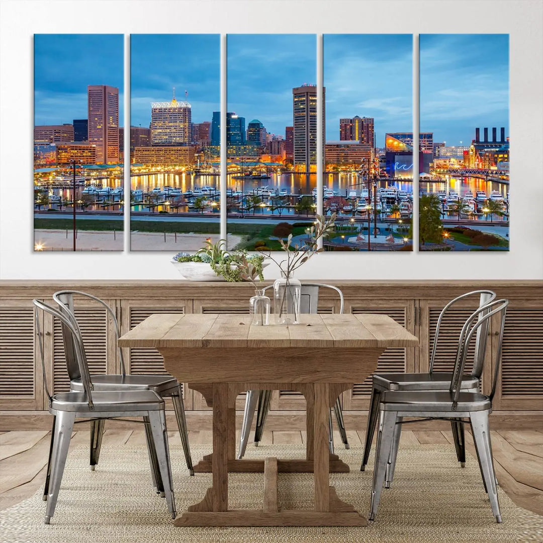 The wall is adorned with the "Baltimore City Lights Night Blue Cloudy Skyline Cityscape View Wall Art Canvas Print," crafted on museum-quality canvas with a UV-protective coating for lasting brilliance.