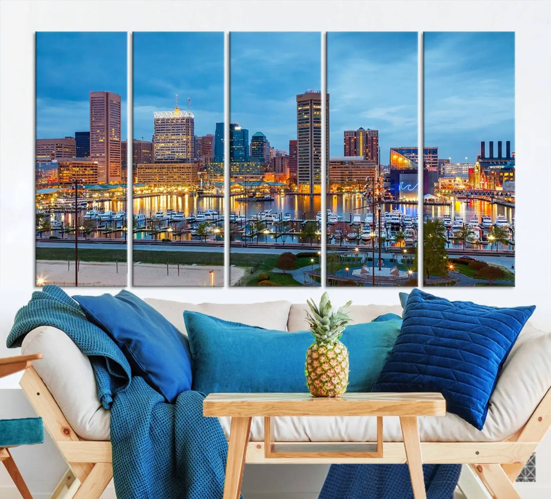 The wall is adorned with the "Baltimore City Lights Night Blue Cloudy Skyline Cityscape View Wall Art Canvas Print," crafted on museum-quality canvas with a UV-protective coating for lasting brilliance.