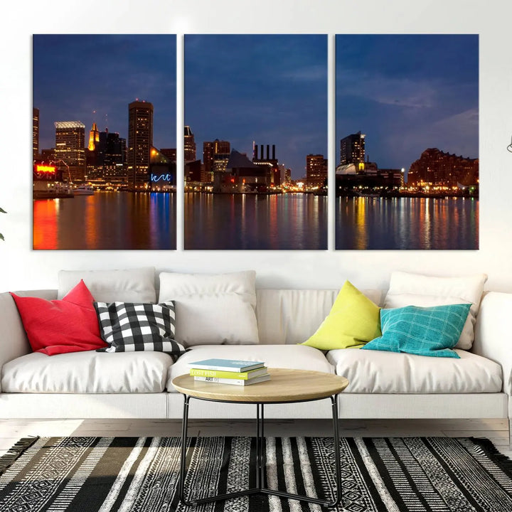 Baltimore City Lights Night Blue Skyline Cityscape View Wall Art Canvas Print, displayed on a museum-quality canvas with UV-protective coating, is prominently featured in the room.