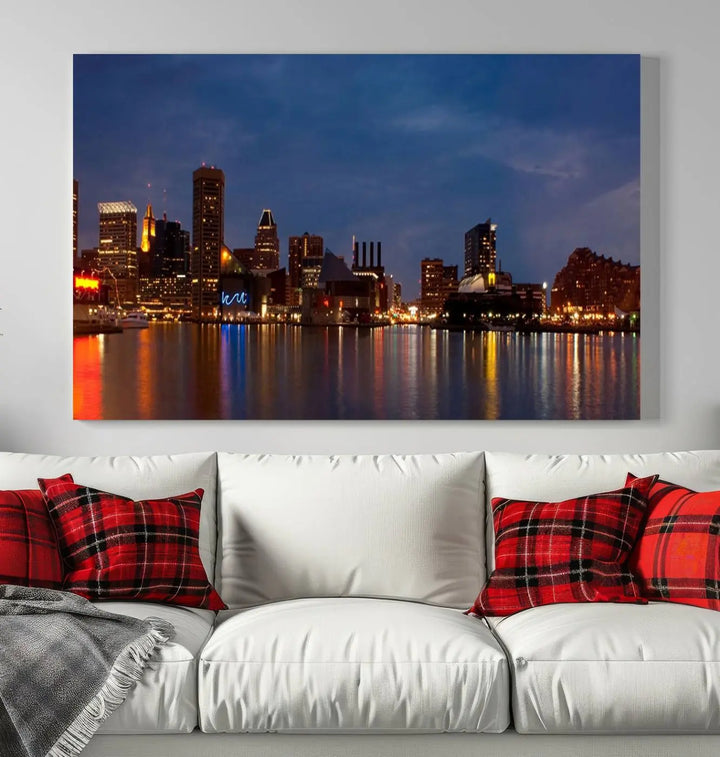 Baltimore City Lights Night Blue Skyline Cityscape View Wall Art Canvas Print, displayed on a museum-quality canvas with UV-protective coating, is prominently featured in the room.