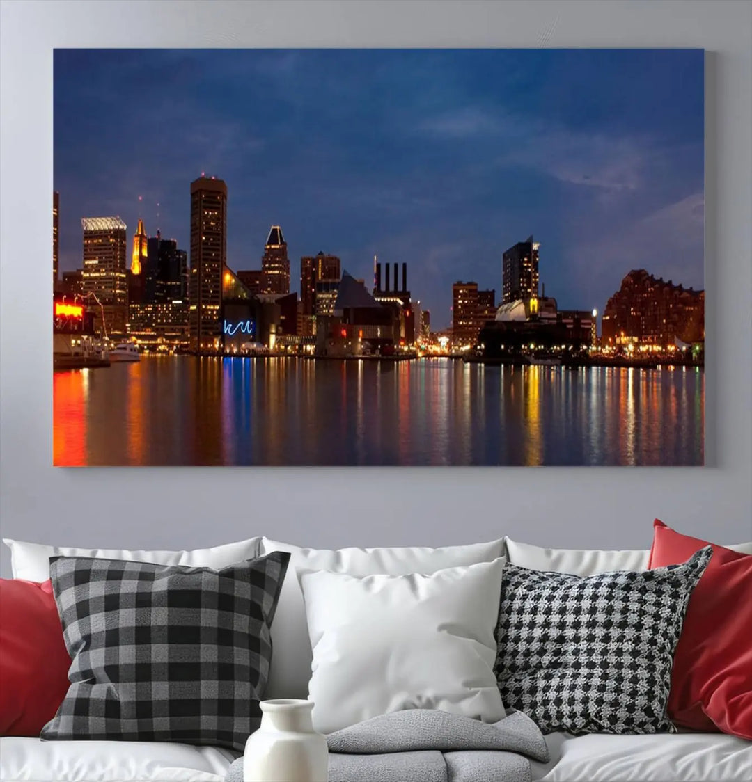 Baltimore City Lights Night Blue Skyline Cityscape View Wall Art Canvas Print, displayed on a museum-quality canvas with UV-protective coating, is prominently featured in the room.