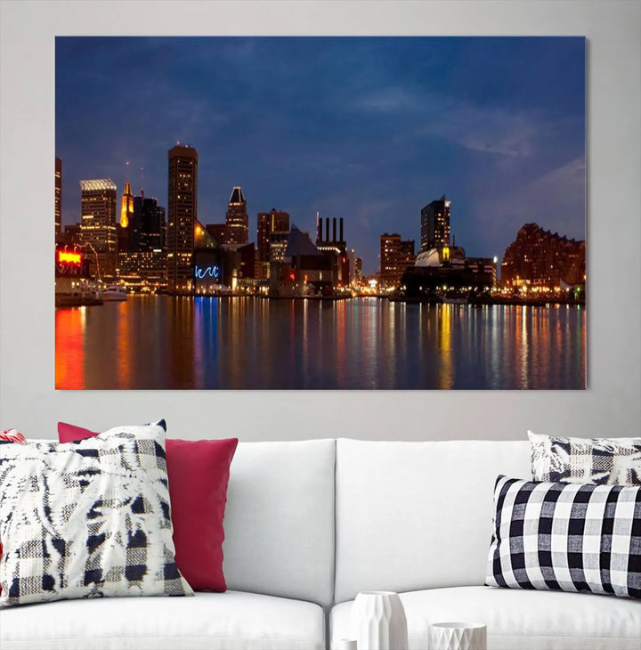 Baltimore City Lights Night Blue Skyline Cityscape View Wall Art Canvas Print, displayed on a museum-quality canvas with UV-protective coating, is prominently featured in the room.