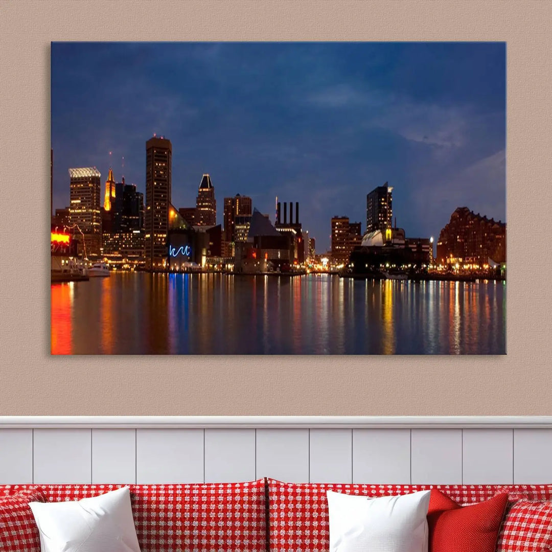 Baltimore City Lights Night Blue Skyline Cityscape View Wall Art Canvas Print, displayed on a museum-quality canvas with UV-protective coating, is prominently featured in the room.