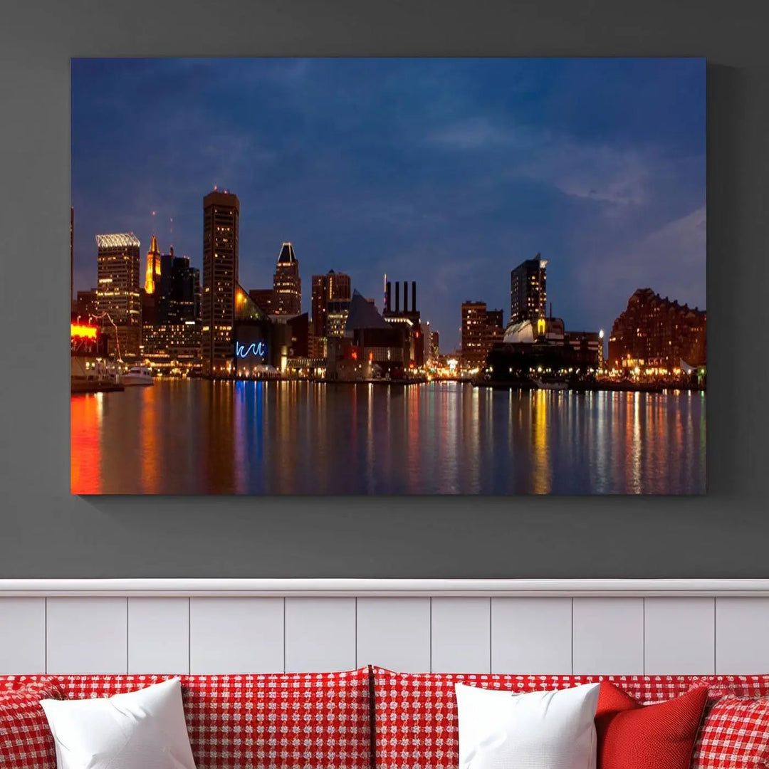 Baltimore City Lights Night Blue Skyline Cityscape View Wall Art Canvas Print, displayed on a museum-quality canvas with UV-protective coating, is prominently featured in the room.