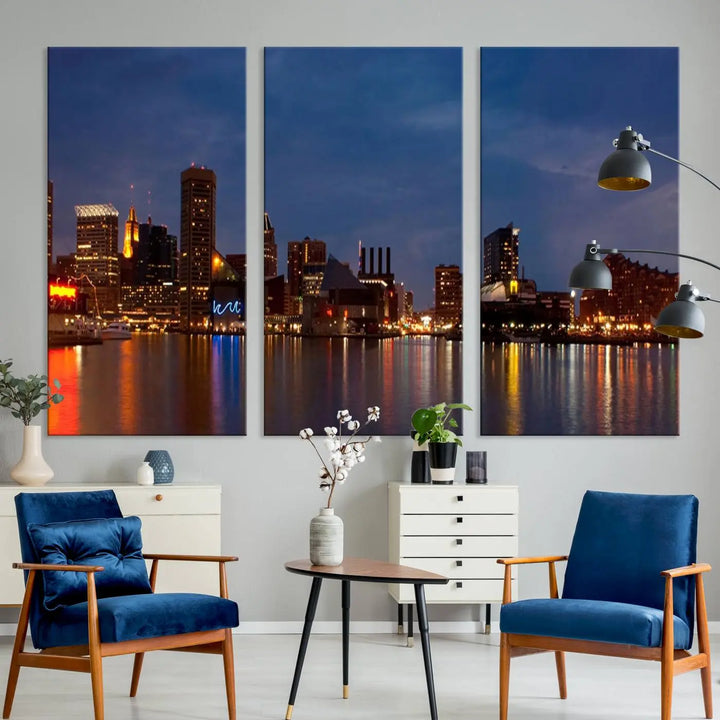 Baltimore City Lights Night Blue Skyline Cityscape View Wall Art Canvas Print, displayed on a museum-quality canvas with UV-protective coating, is prominently featured in the room.