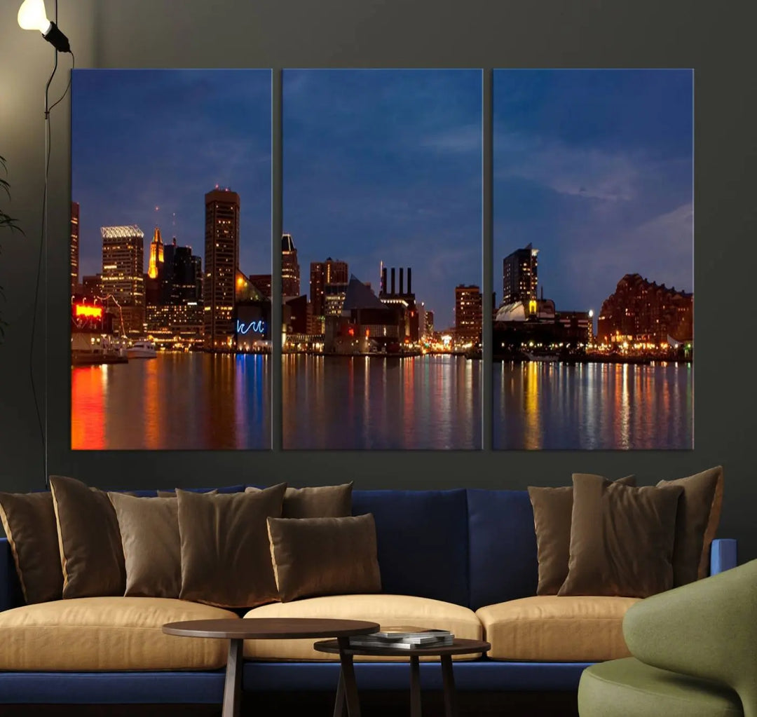 Baltimore City Lights Night Blue Skyline Cityscape View Wall Art Canvas Print, displayed on a museum-quality canvas with UV-protective coating, is prominently featured in the room.