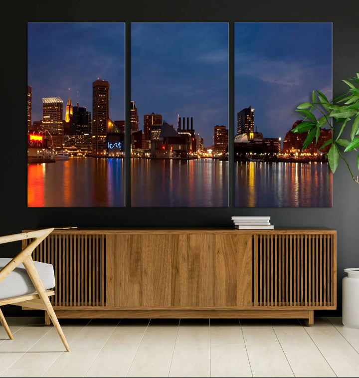 Baltimore City Lights Night Blue Skyline Cityscape View Wall Art Canvas Print, displayed on a museum-quality canvas with UV-protective coating, is prominently featured in the room.