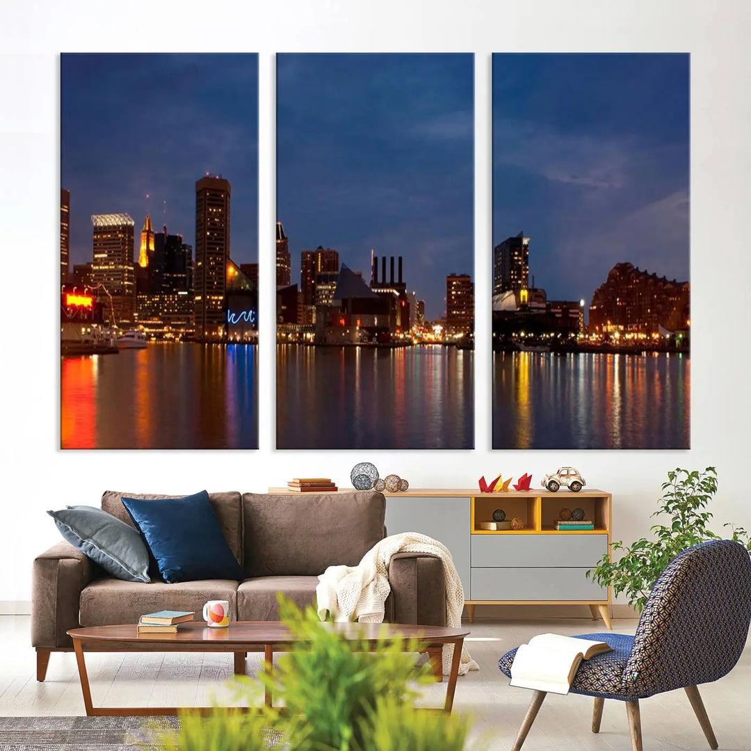 Baltimore City Lights Night Blue Skyline Cityscape View Wall Art Canvas Print, displayed on a museum-quality canvas with UV-protective coating, is prominently featured in the room.