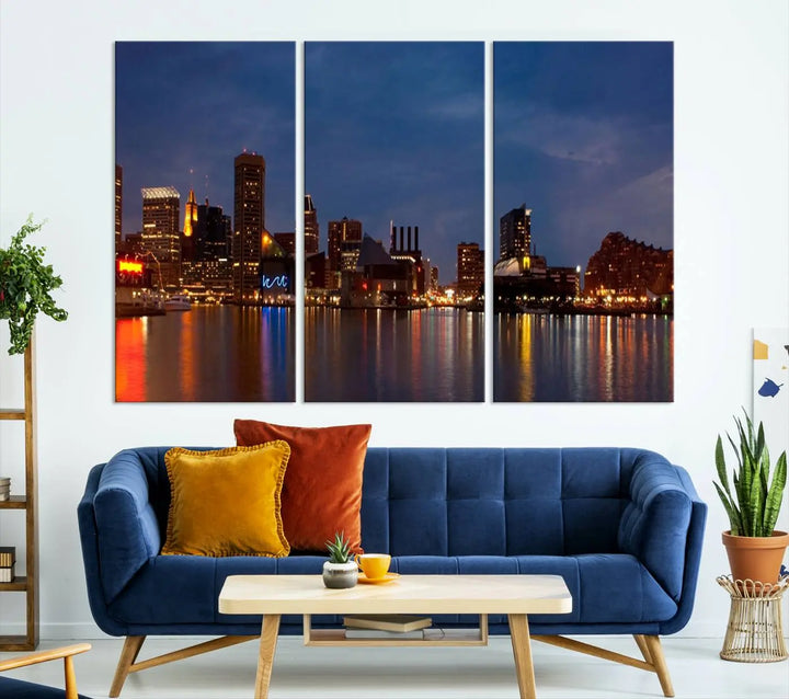 Baltimore City Lights Night Blue Skyline Cityscape View Wall Art Canvas Print, displayed on a museum-quality canvas with UV-protective coating, is prominently featured in the room.