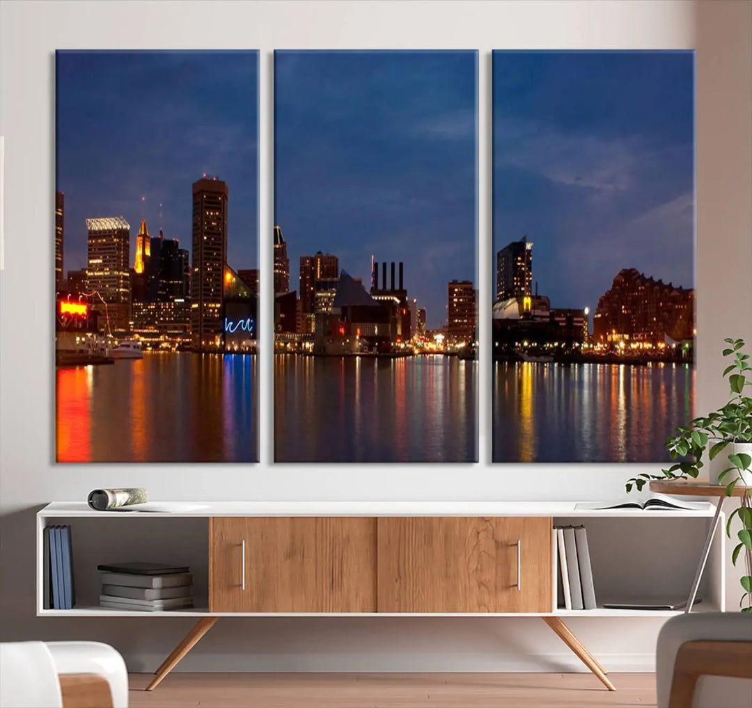 Baltimore City Lights Night Blue Skyline Cityscape View Wall Art Canvas Print, displayed on a museum-quality canvas with UV-protective coating, is prominently featured in the room.