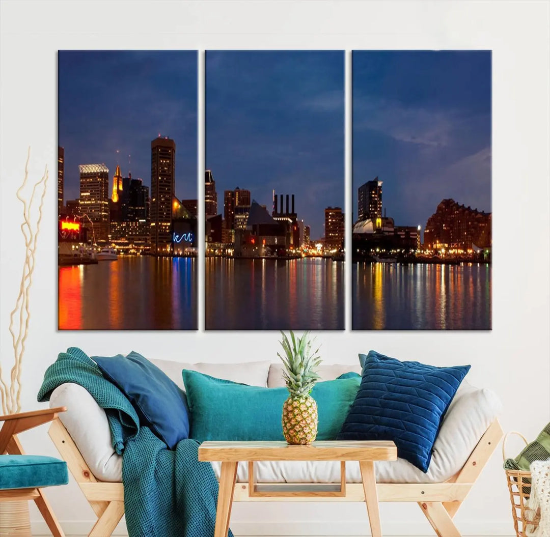 Baltimore City Lights Night Blue Skyline Cityscape View Wall Art Canvas Print, displayed on a museum-quality canvas with UV-protective coating, is prominently featured in the room.