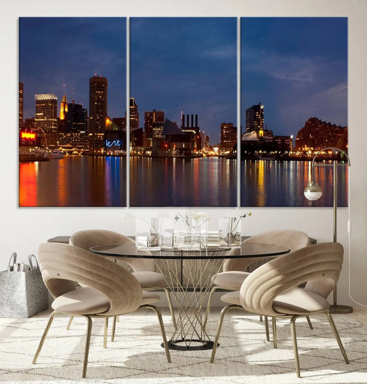 Baltimore City Lights Night Blue Skyline Cityscape View Wall Art Canvas Print, displayed on a museum-quality canvas with UV-protective coating, is prominently featured in the room.