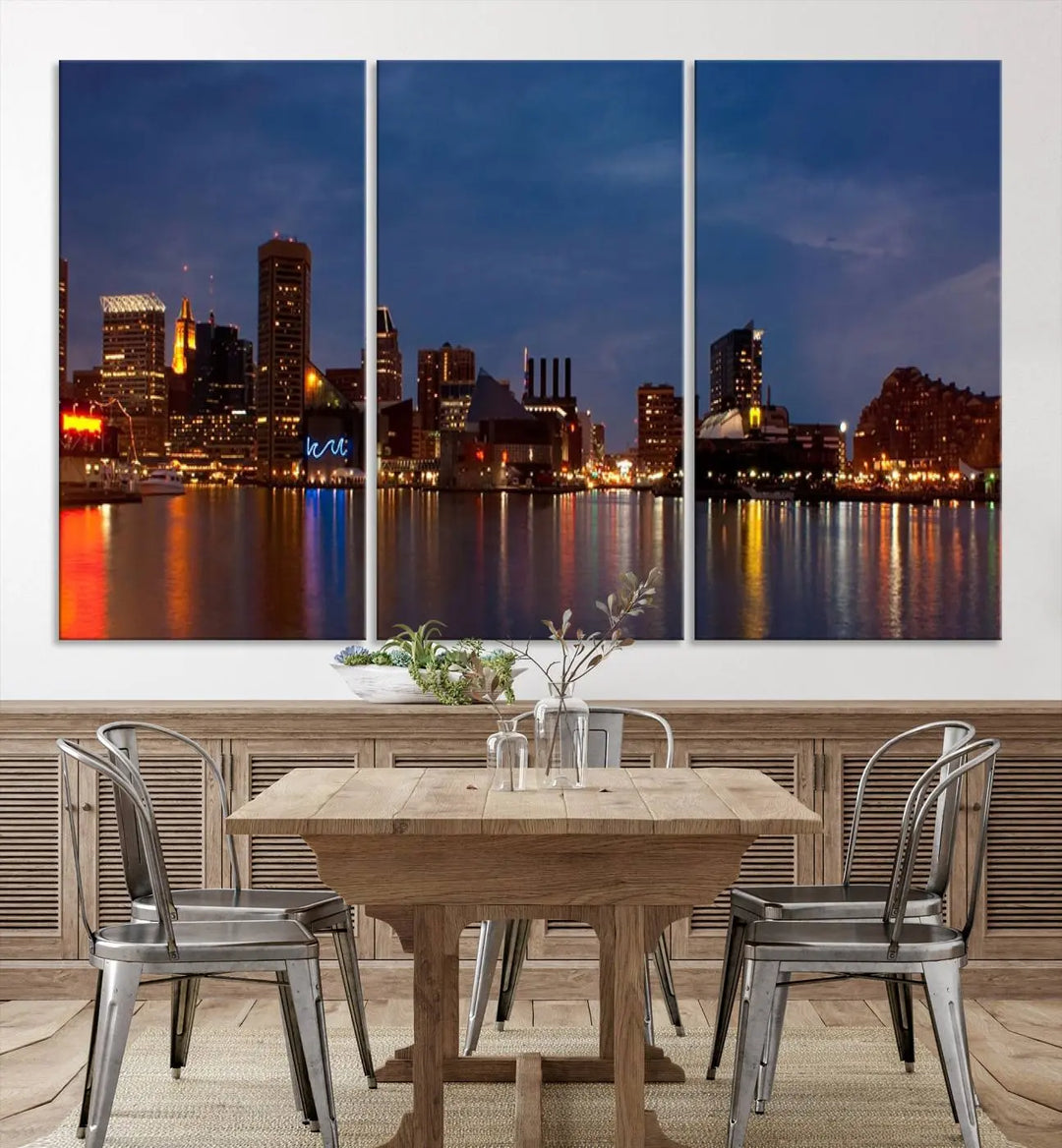 Baltimore City Lights Night Blue Skyline Cityscape View Wall Art Canvas Print, displayed on a museum-quality canvas with UV-protective coating, is prominently featured in the room.