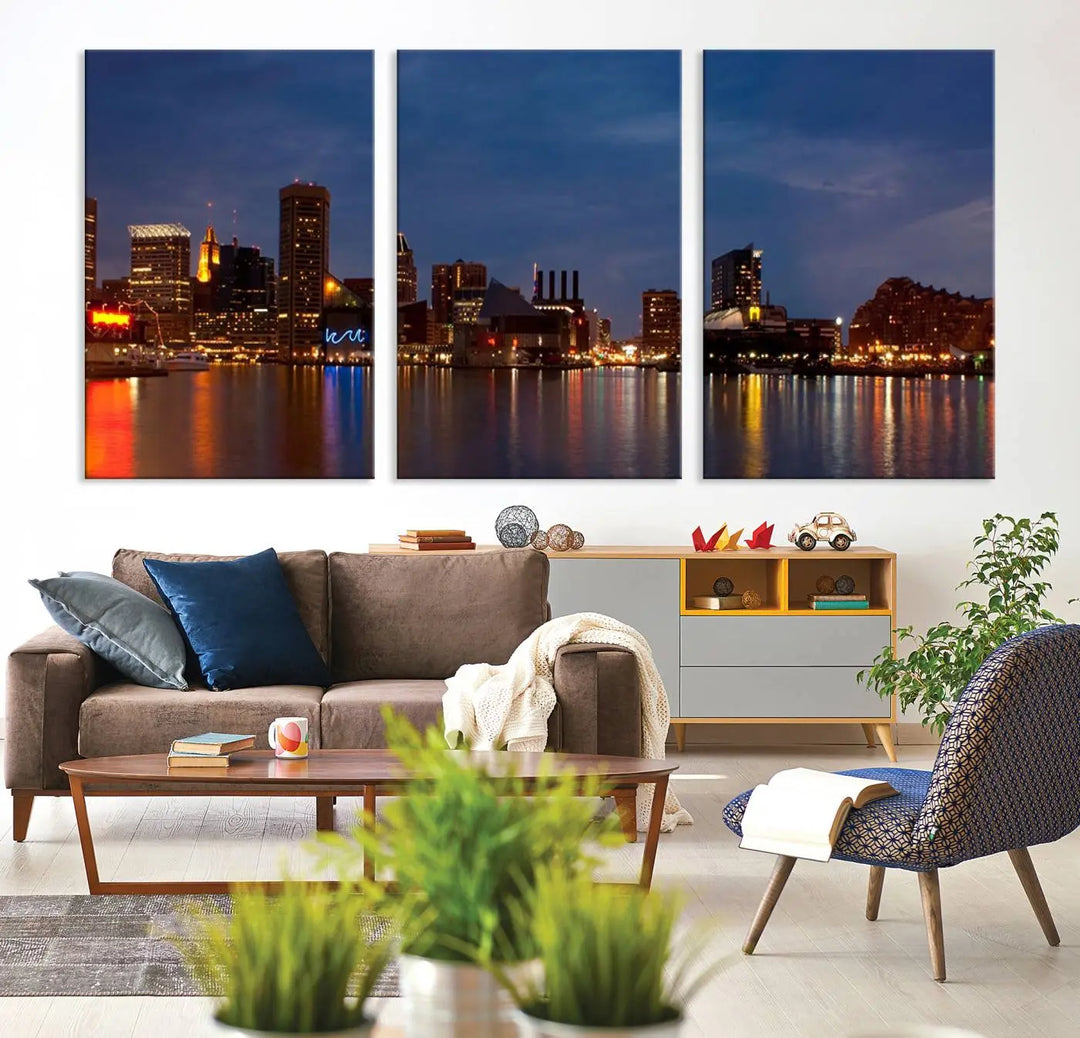 Baltimore City Lights Night Blue Skyline Cityscape View Wall Art Canvas Print, displayed on a museum-quality canvas with UV-protective coating, is prominently featured in the room.