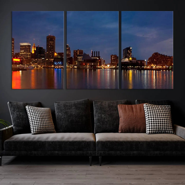 Baltimore City Lights Night Blue Skyline Cityscape View Wall Art Canvas Print, displayed on a museum-quality canvas with UV-protective coating, is prominently featured in the room.